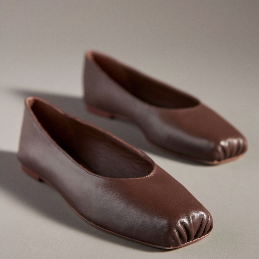 Reformation Brown Gathered-Toe Leather Ballet Flats